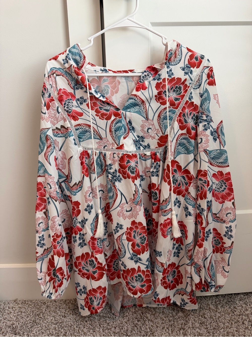 Boho Floral Peasant Blouse - Red & Teal on White